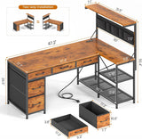 L Shaped Desk with Drawers and Hutch, 47.2" Reversible Office Computer Desk with 5 Fabric Drawers
