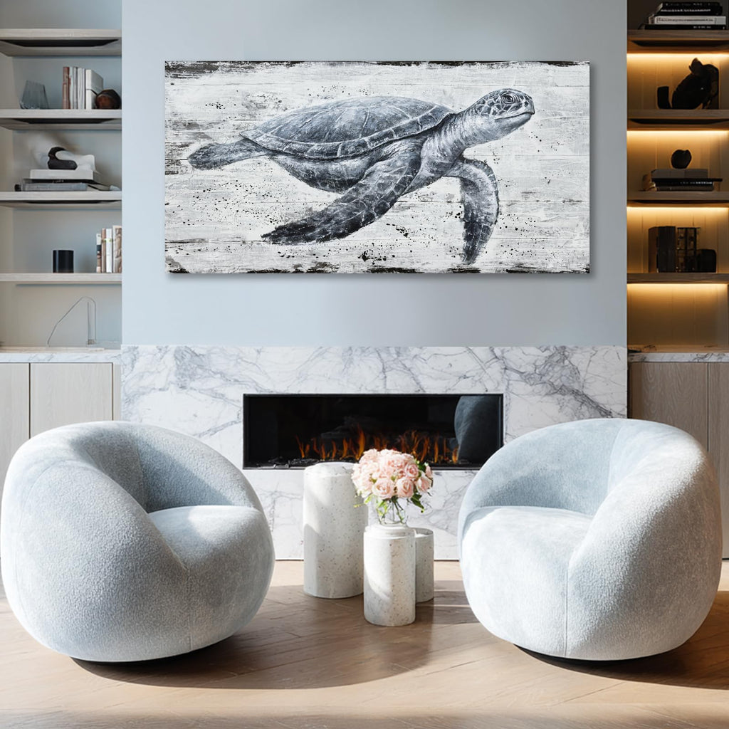 Marine Turtle Canvas Wall Art Coastal Living Room 29x58 Inch