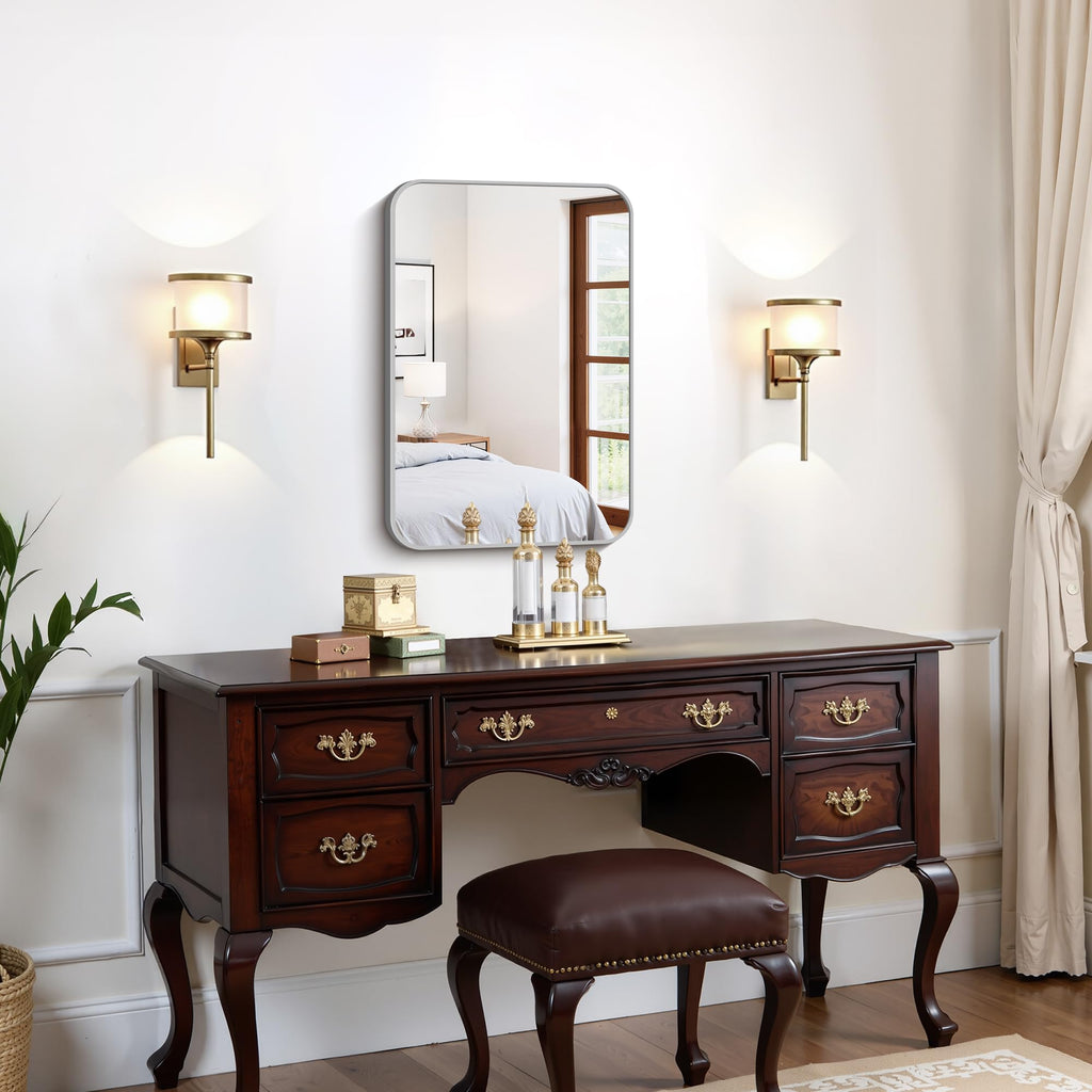 Bathroom Mirror for Over Sink 16x24 Inch Silver, Rectanglar Wall Mirror with Metal Frame, Rounded Corners Decor