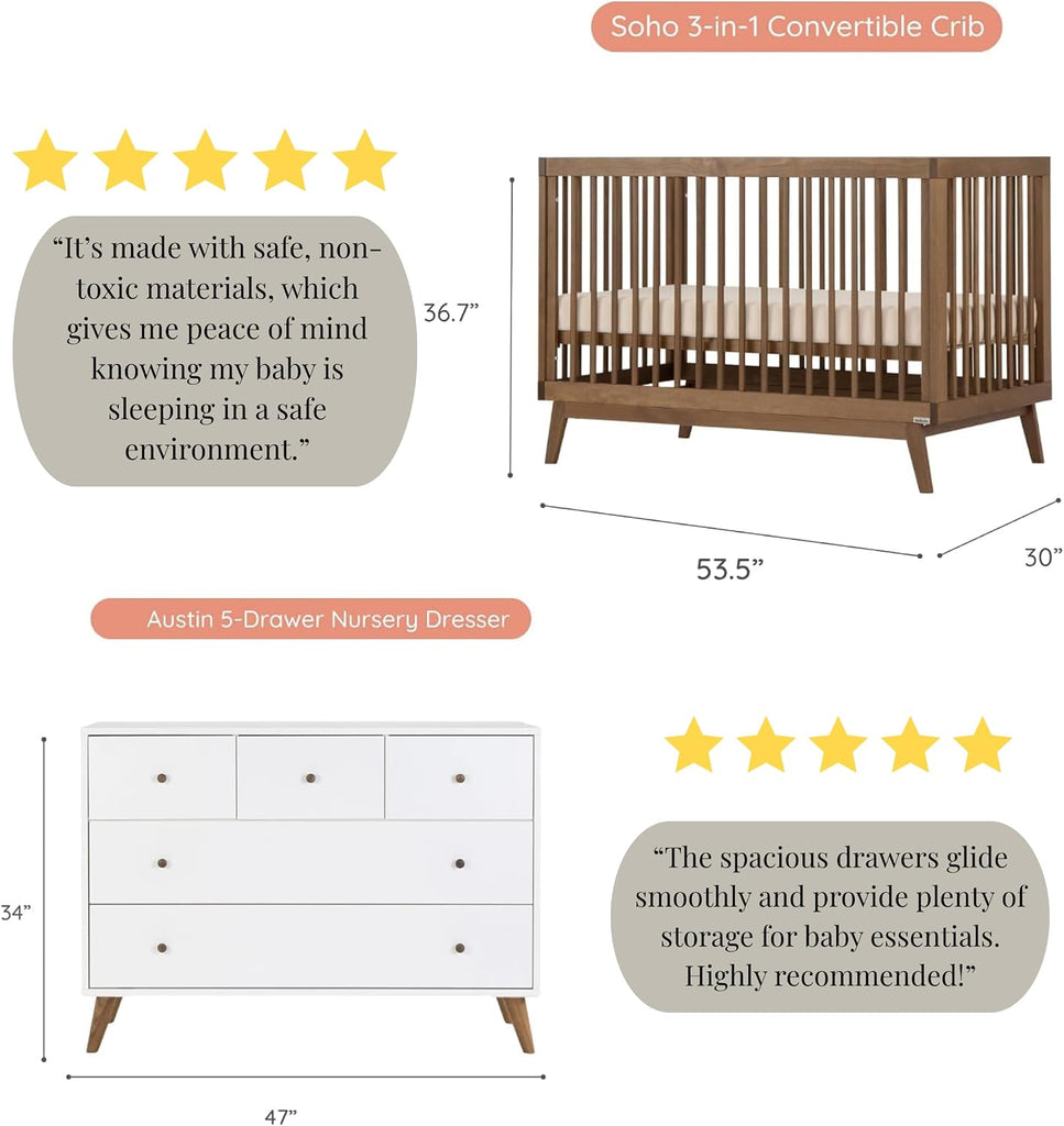 Harmony Crib & Dresser Set Nursery Furniture Combo, White/Walnut