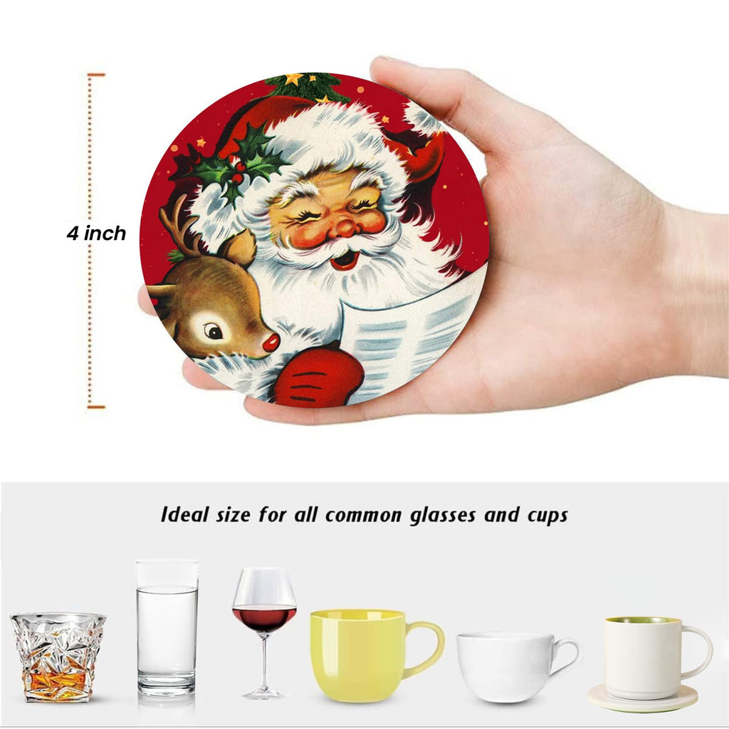 Merry Christmas Coasters Set of 6, Round Absorbent Ceramic Coaster, with Metal Holder and Cork Base, Santa Claus
