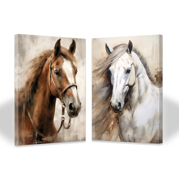 2 Piece Horse Wall Art - White & Brown Horse Painting, Wild Animal Canvas Print for Western Farmhouse Bedroom &