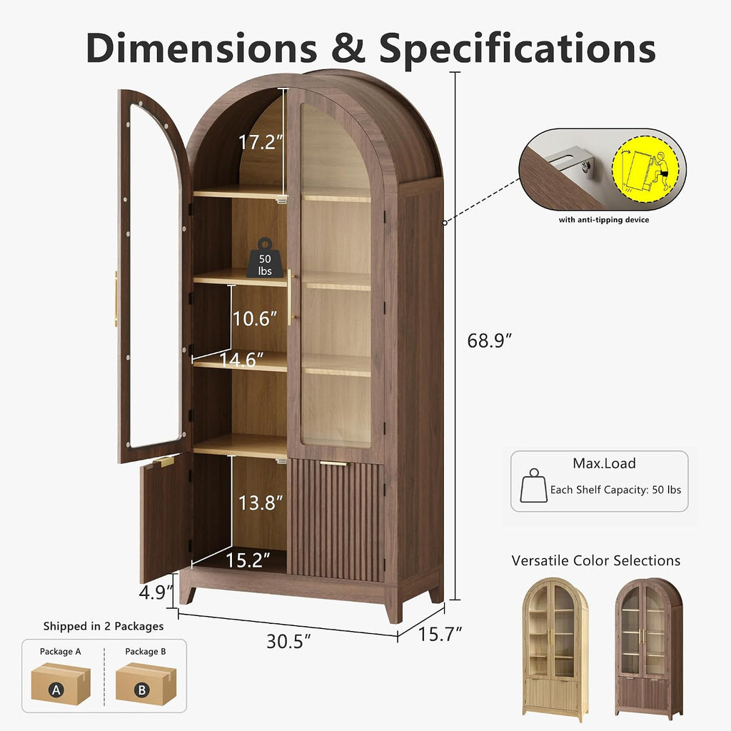 69" Tall Arched Cabinet with Glass Doors, 5-Tier Shlelves, Walnut | Mid Century Modern Fluted Bookcase, Pantry