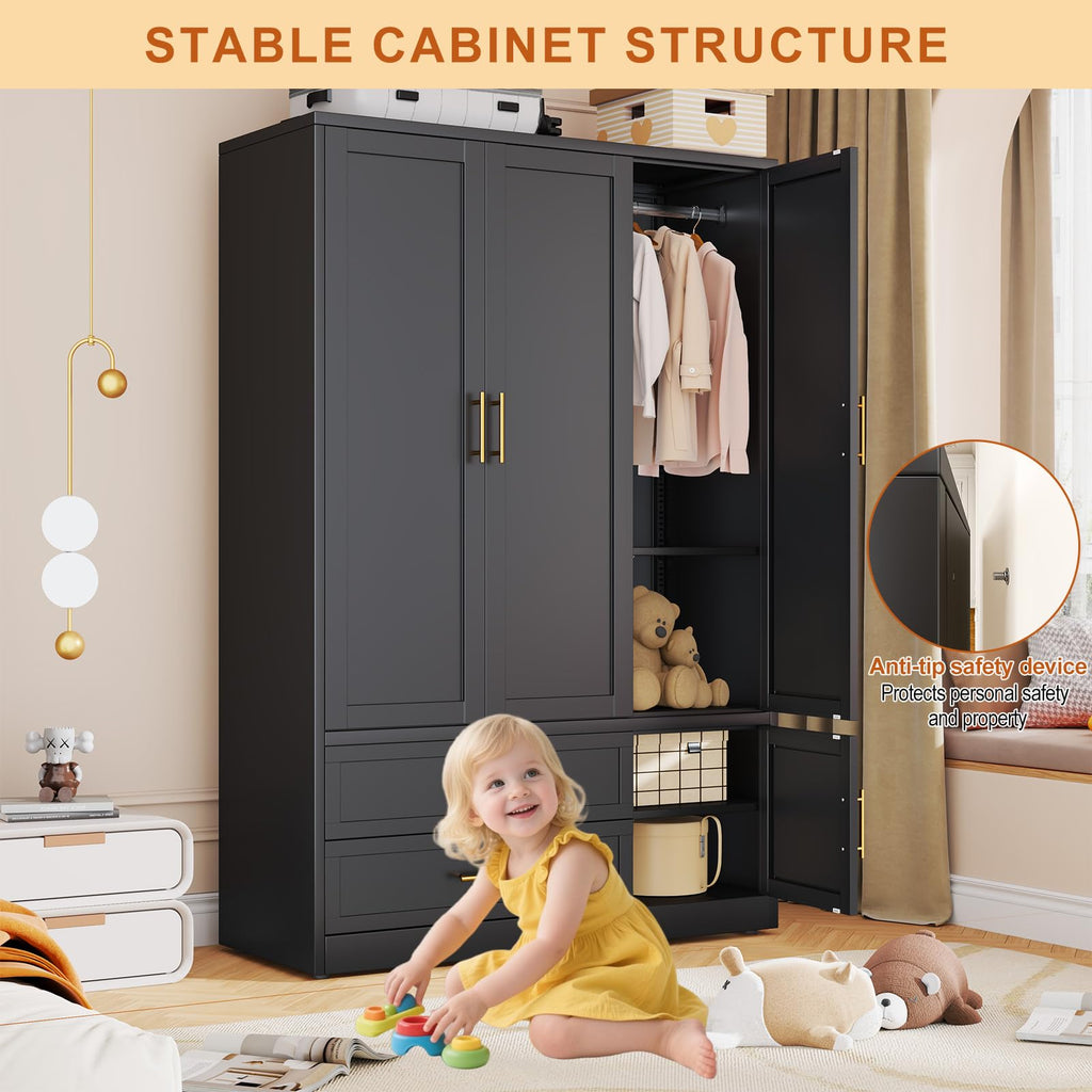 Armoire Wardrobe Closet, Bedroom Clothing Storage Cabinet Black