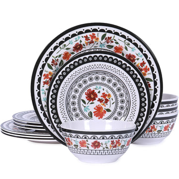 12-Piece Melamine Dinnerware Sets, Unbreakable Black white Plates and Bowls