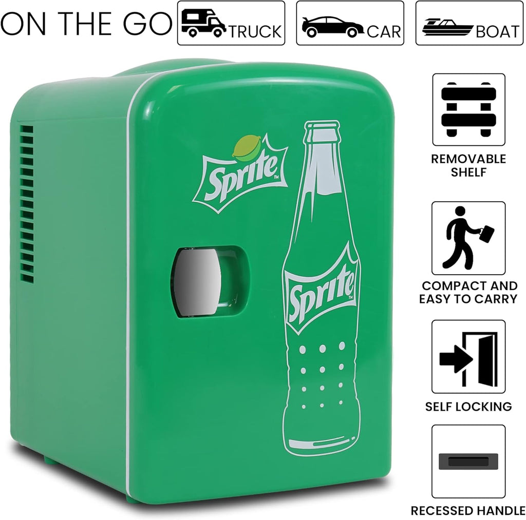 Sprite Mini Fridge - 6 Can Refrigerator for Bedroom Office, Portable Table Top Beverage Cooler, 12V 110V Refrigerador