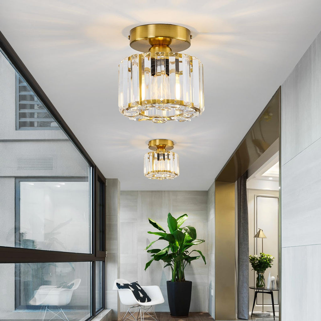 2 Pack Small Crystal Semi Flush Mount Ceiling Light Fixture Modern Gold Mini Round Chandelier Metal E26 Ceiling Lamp