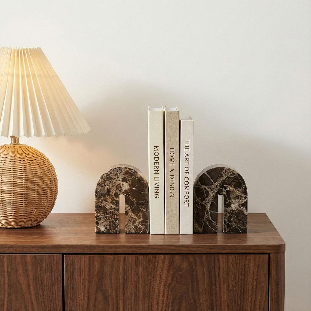 Natural Marble Bookends for Shelves,Unique Brown Arched Book Ends, Office bookends for Heavy Books, Set of 2,Heavy