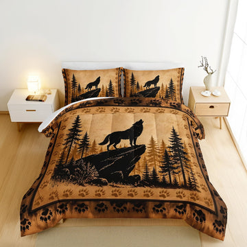 Wolf Comforter, Howling Wolf Forest Bedding with 2 Pillowcases.