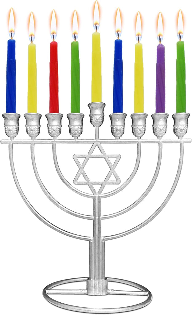 Hanukkah with Jewish Star - Fits All Standard Chanukah Candles - Sleek Wireframe Silver Chanukah Modern Davids Star