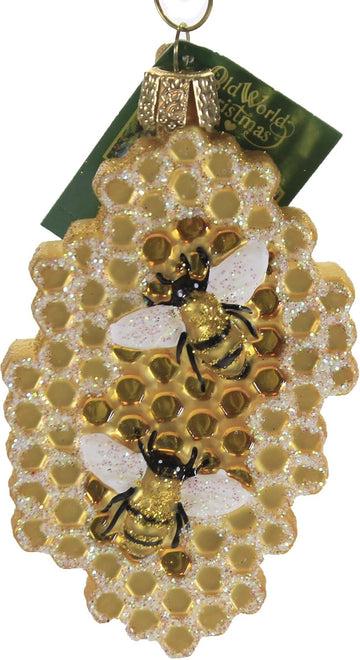 Honeycomb Glass Blown Ornament, Handcrafted Holiday Decoration, Bee Collection