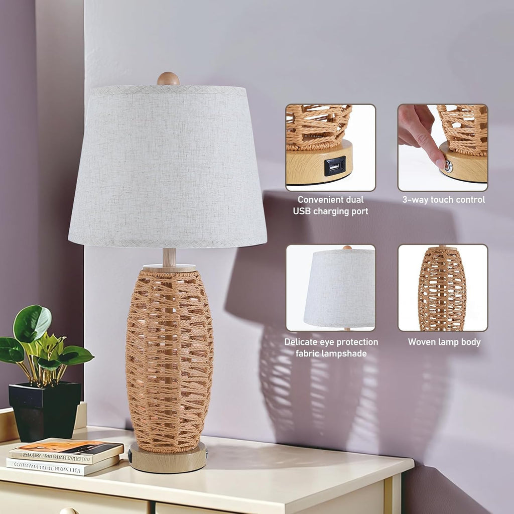 27" Rattan Table Lamps Set of 2, Touch Switch Nightstand Bedside Lamps with 2 USB Ports, Oatmeal Lampshade Wicker