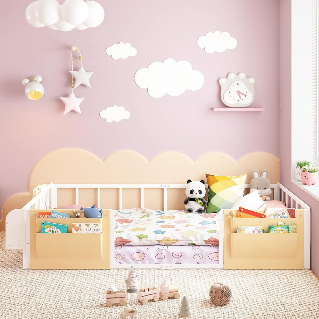 Floor Bed for Kids with Safety Guardrails, Montessori Bed White