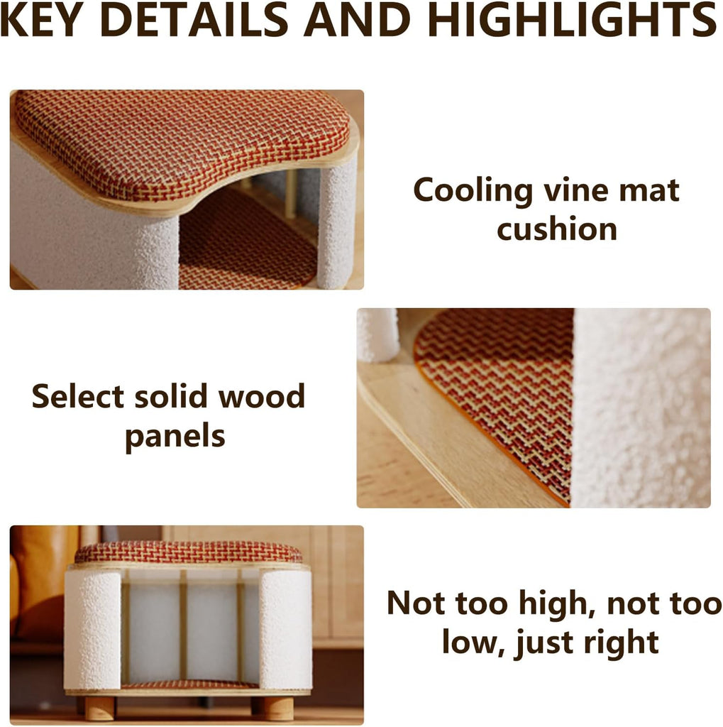 Multi-Functional Wooden Cat Cabinet, Cat Bed with Scratch Pad & Rattan Cushion, Hidden Cat Cave & Ottoman Stool