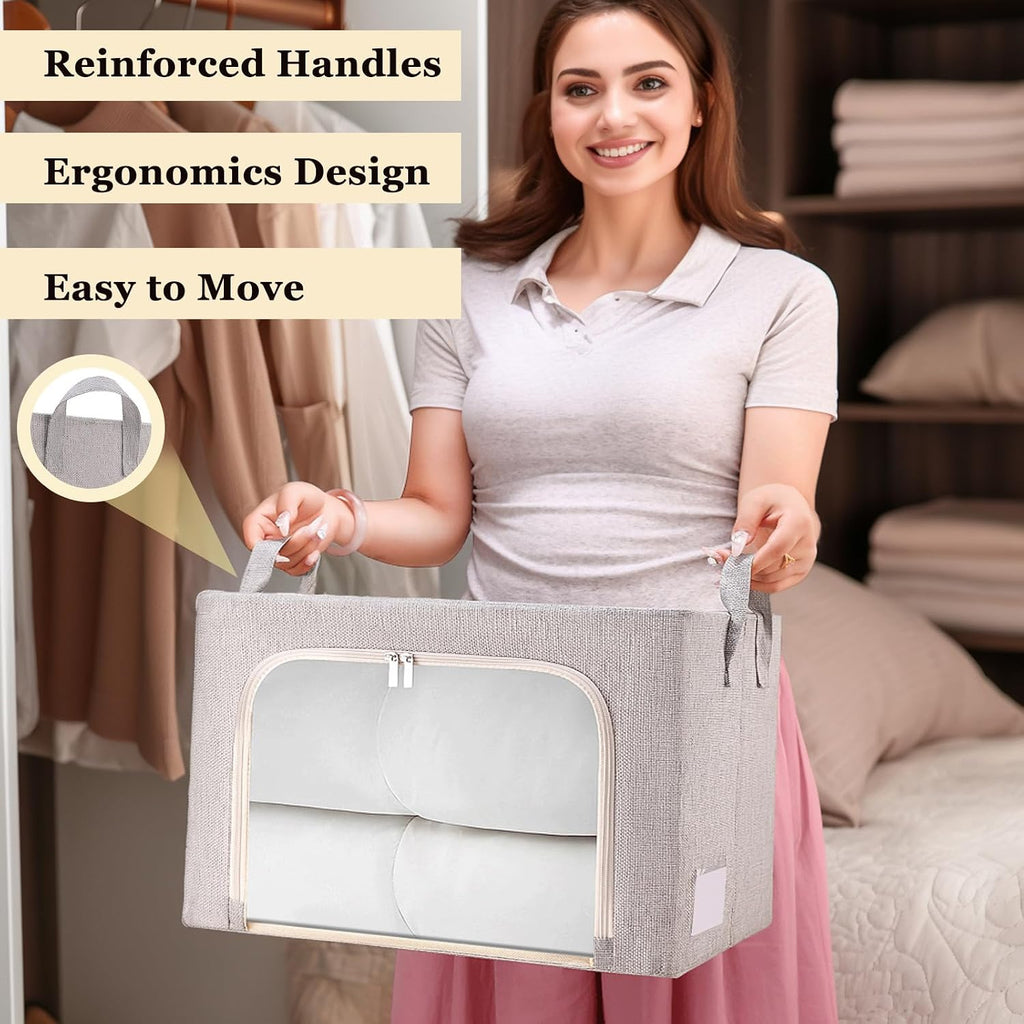 3-Side Zippered Openings Clothes Storage Bins with Thick Metal Frame, Stackable & Foldable Clothing Storage Bins with