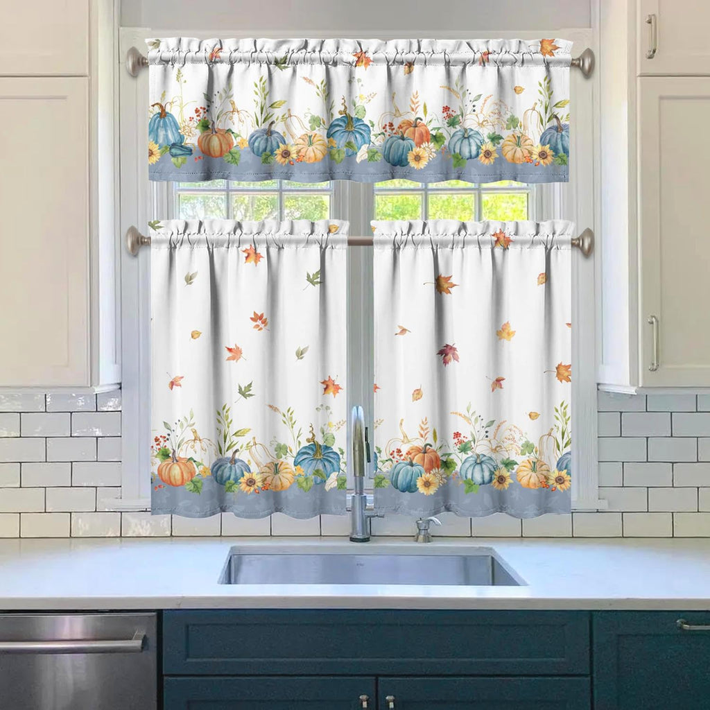 Fall Thanksgiving Kitchen Curtain Valance 3 Piece Set, Blue Pumpkin Sunflower Kitchen Decor, Thanksgiving Curtains