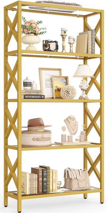 5-Tier Gold Bookshelf with LED Lights, Tempered Glass Display Shelf with Metal Frame, Modern Bookcase with X-Side