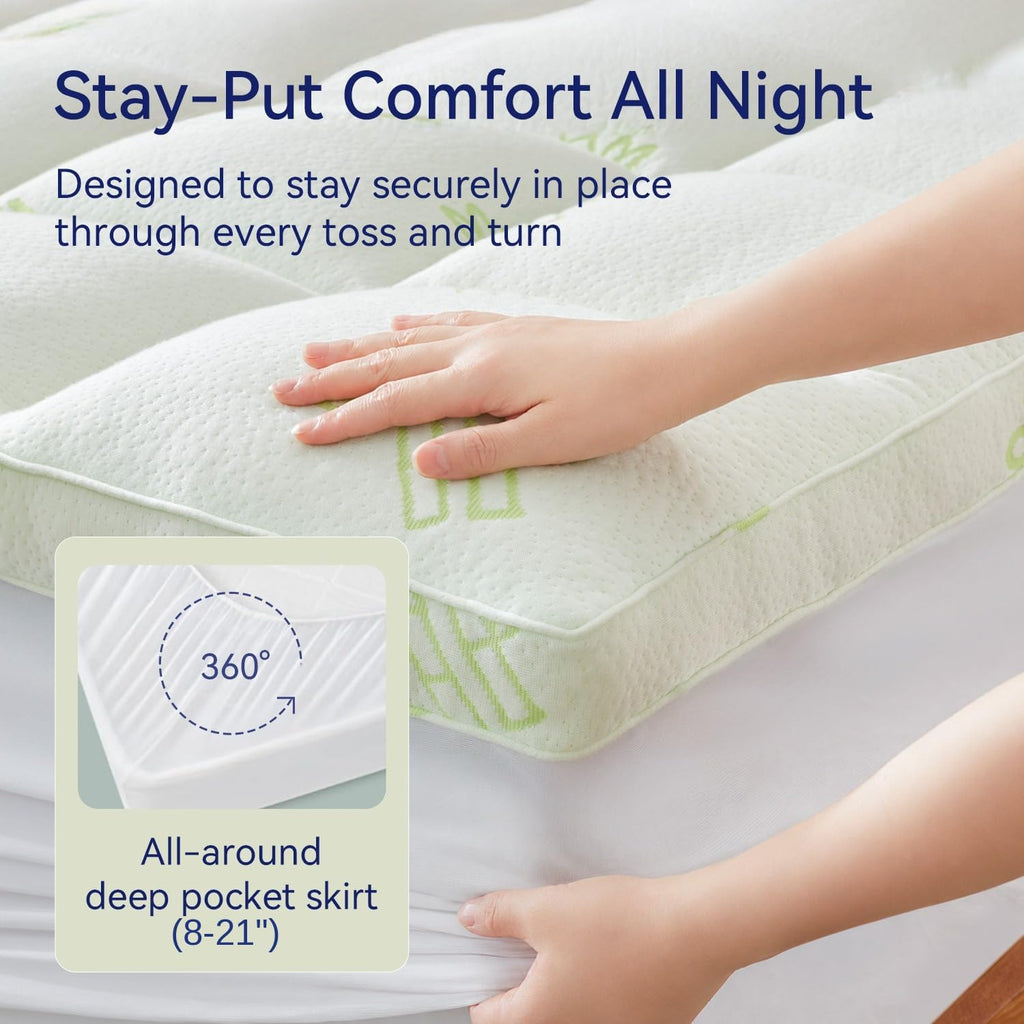 Queen Size Bamboo Viscose Mattress Topper, Thick Pillow Top Pad | Soft plush fabric with extra filling deliver cool