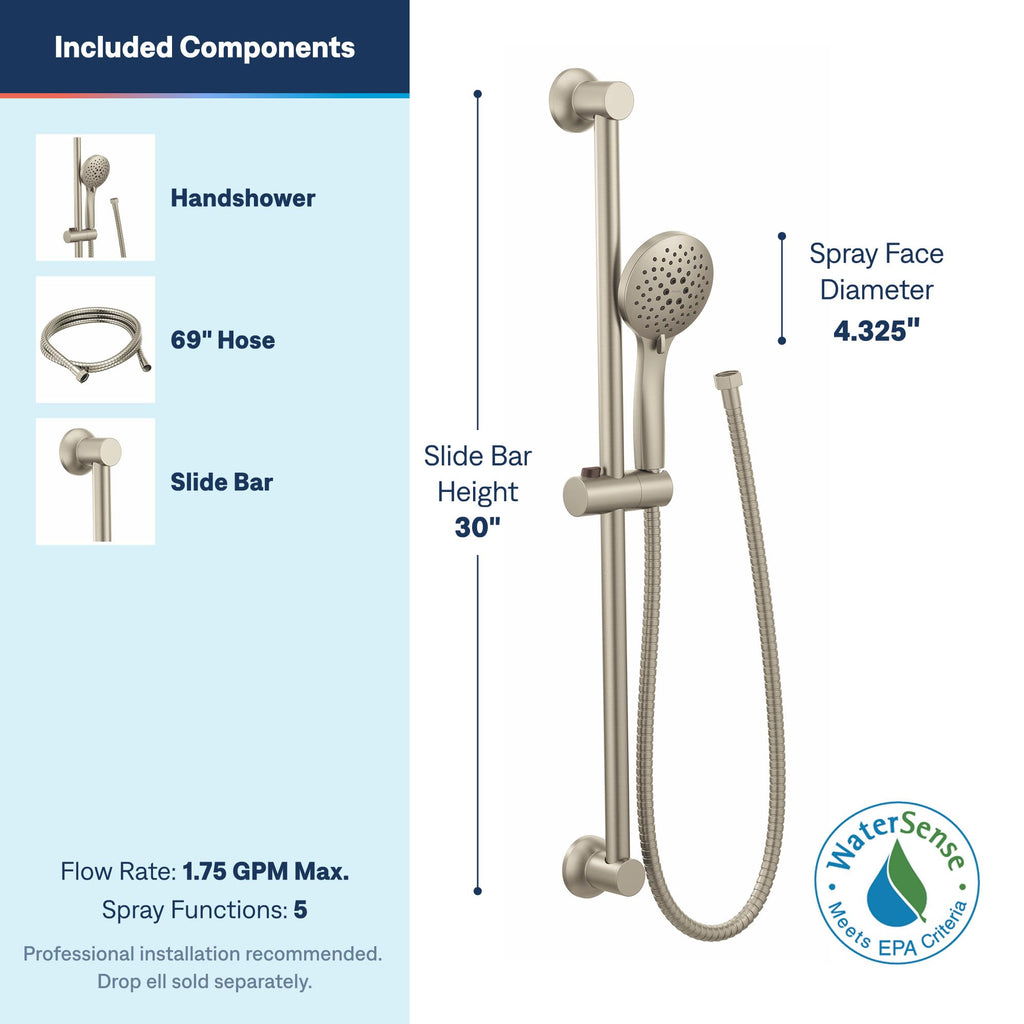 Brushed Nickel Eco-Performance 5-Function Handheld Removable Shower Head, Adjustable 30-Inch Slide Bar and 69-Inch