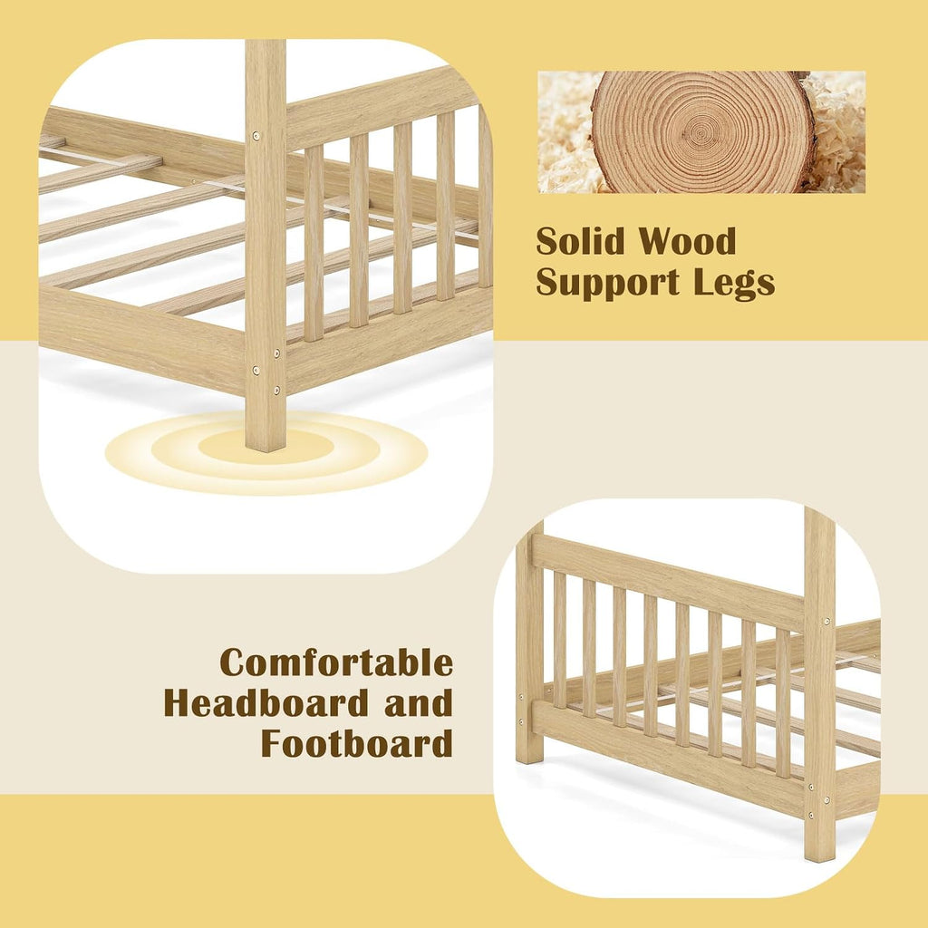 House Bed Twin, Solid Wood Kids House Bed with Roof, Headboard and Footboard, Low Floor Twin Bed Frame for Kids Teens