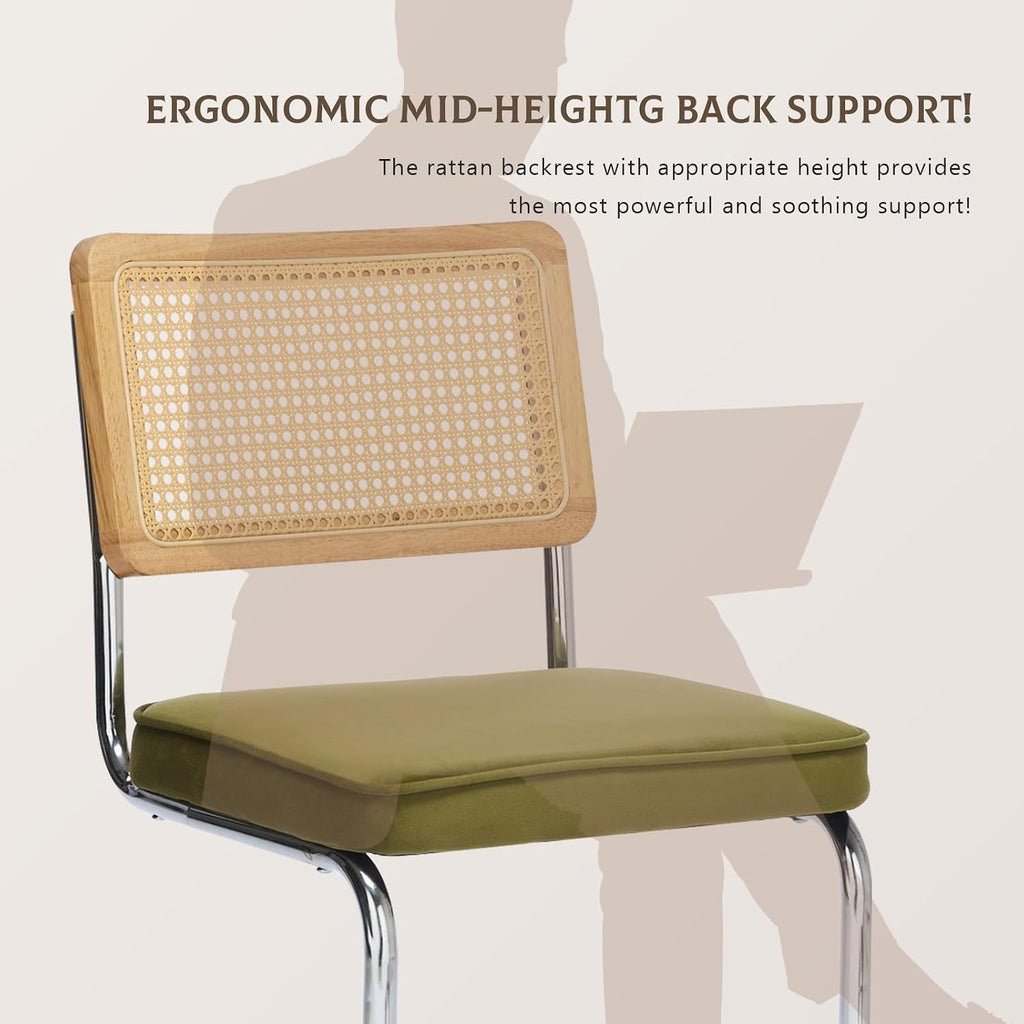 Rattan Dining Chairs Set of 4,Upholstered Mid-Century Modern Dining Room Chairs with Cane Backrest,Retro Velvet