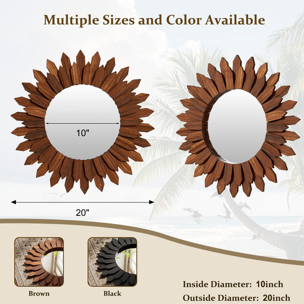 20" Walnut Round Sunburst Wooden Mirror Boho Rustic Wall Decor
