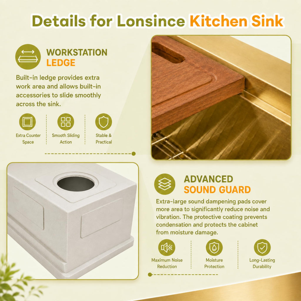 Gold Kitchen Sink Offset Drain, 23"X18" Undermount Single Bowl Sink