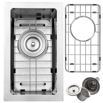 9 x 15 Inch Undermount Bar Sink, 16 Gauge Stainless Steel Small Prep Sink, 9 Inch Deep Single Bowl Bar Sink With Grid