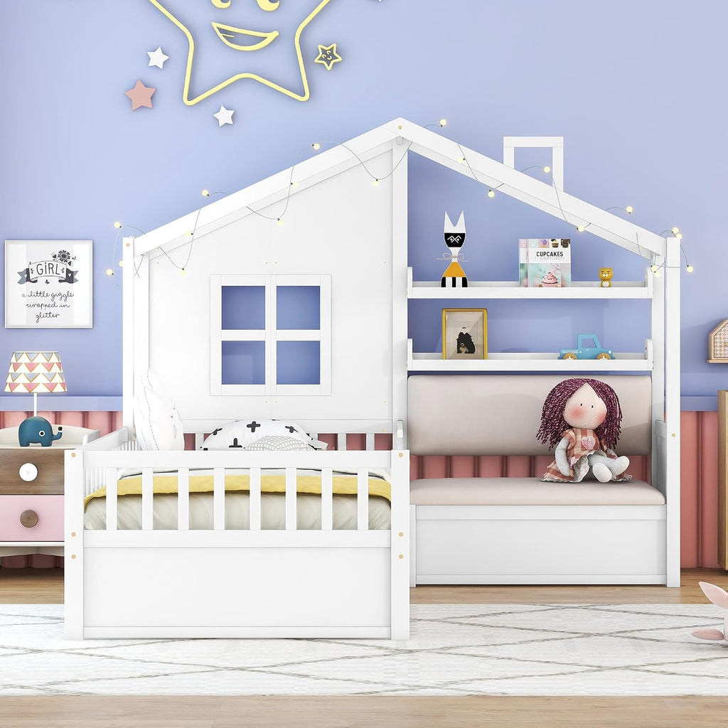 Kids Tw Bed Frame with Upholstered Sofa and 2 Drawers, Wood Montessori Bed with Storage Shelves and Tall Rails, L
