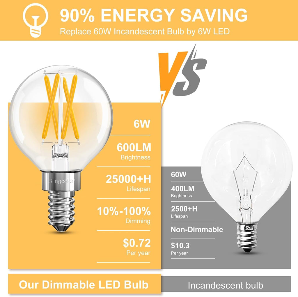 6 Pack E12 Dimmable G16.5 6W LED Candelabra Globe Light Bulbs 3000K