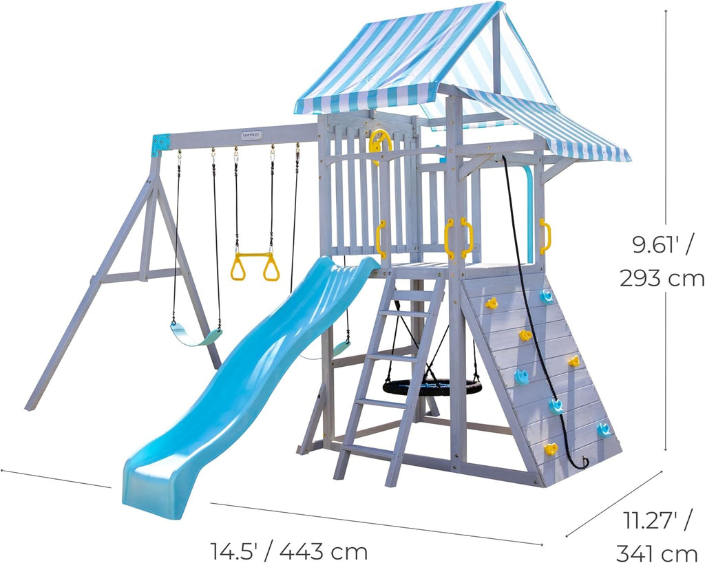 Kids Laguna Outdoor Wooden Swing Set, Gray & Aqua | Slide, Rock Climbing Wall, Fireman Pole & Trapeze Bar, Ages 3-10