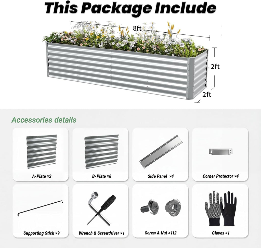 8x2x2FT Galvanized Raised Garden Beds Outdoor,Planter Raised Beds for Gardening, Vegetables, Flowers,Large Metal