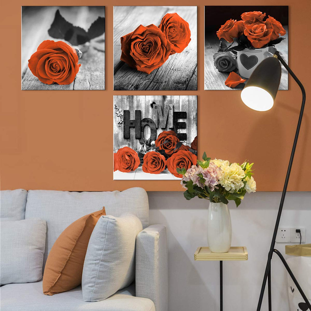 Farmhouse Flower Wall Art Burnt Orange Rose Pictures Couple Bedroom Wall Decor Rustic Nature Paintings Black and