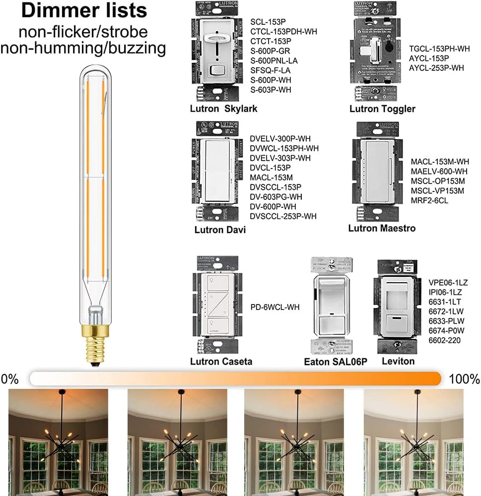 E12 LED Tube Bulbs,T6 Tubular Edison Style LED Filament Bulb, 6W Dimmable Antique LED Bulb,E12 Base,Clear Glass,Warm