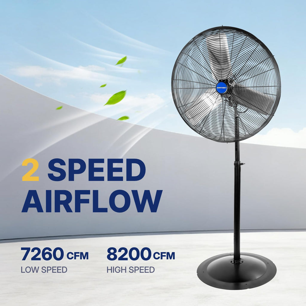 24 Inch High Velocity Oscillating Pedestal Fan,9500 CFM Airflow Heavy Duty Industrial Standing Fan, 2 Speeds, 1/2 HP