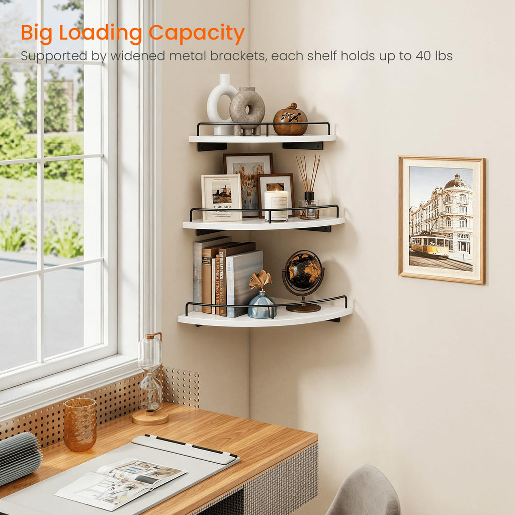 Corner Wall Shelves, 3 Tier Wooden Corner Floating Shelves, White
