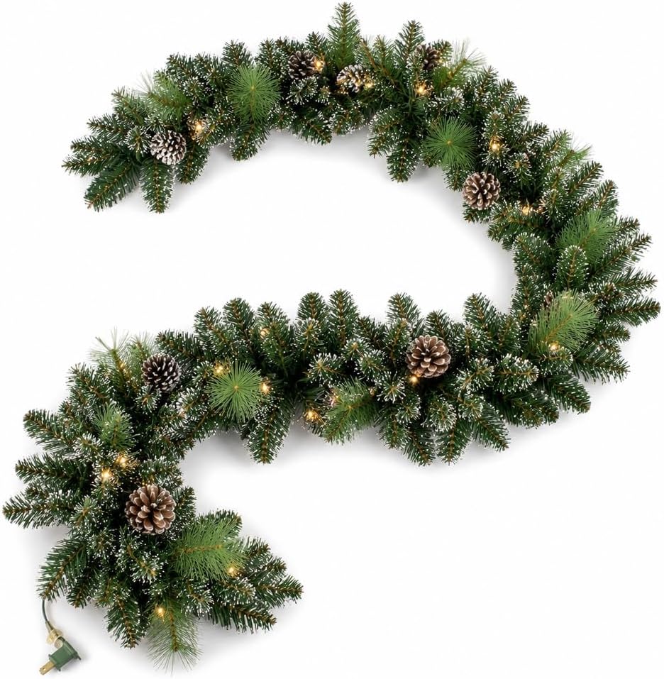 9FT Pre-Lit Artificial Christmas Garland with 50 Lights, White Garland with Pine Cones and Red Berries, Plug-in Snowy