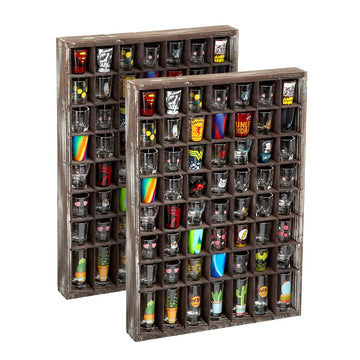 Shot Glasses Display Case(Set of 2) 56 Compartments Wall Mount Pint Glass Shadow Box Bar Cabinet Collection