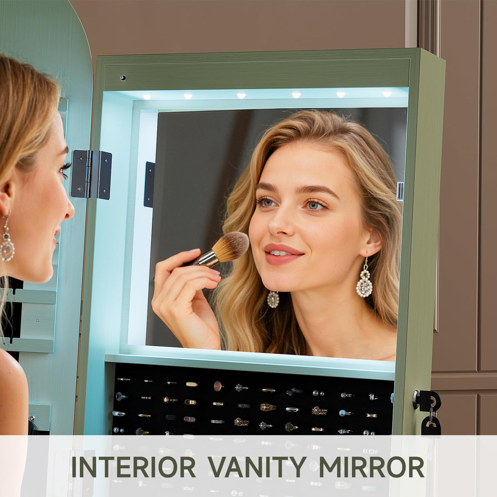 360° Swivel Jewelry Mirror Cabinet with Lights, Green