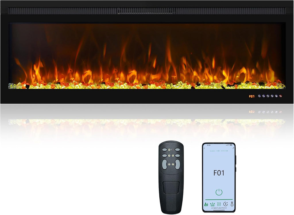50 Inch Smart Electric Fireplace Insert with Heater, Recessed or Wall Mounted, Remote and App Control, 9H Timer