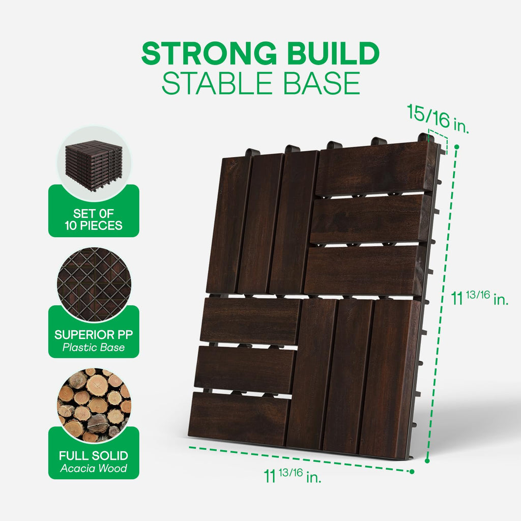 Interlocking Deck Tiles 9.6 SQFT - 10PCS Waterproof Acacia Wood Patio Tiles, Flooring Tiles for Indoor and Outdoor