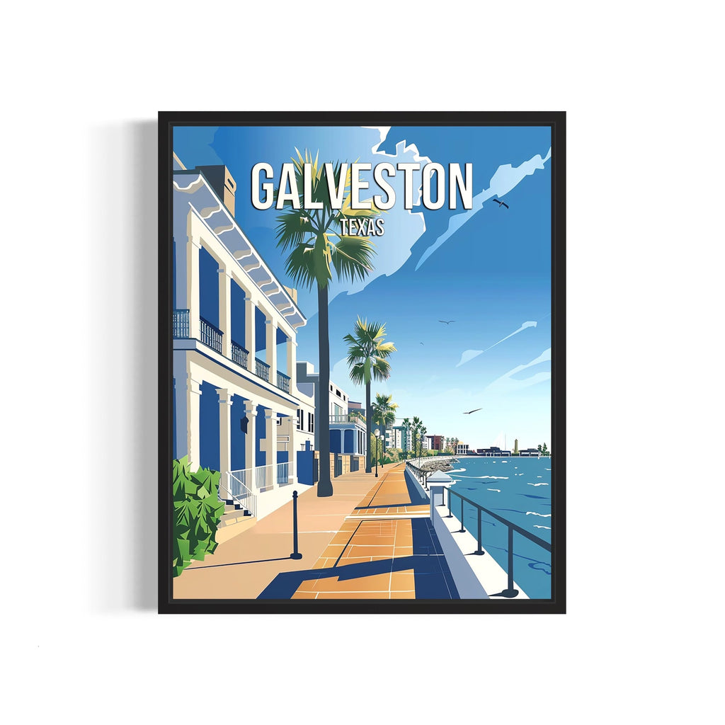 Galveston Texas City Black Framed Poster Print, Skyline Cityscape Wall Illustration Posters, Landscape Travel Map