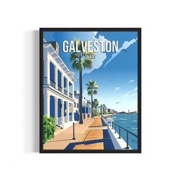 Galveston Texas City Black Framed Poster Print, Skyline Cityscape Wall Illustration Posters, Landscape Travel Map