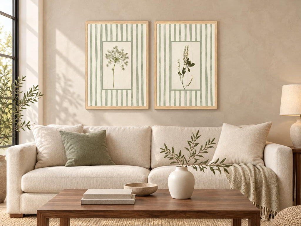 Sage Green Botanical Wall Art Set of 2 Framed, Vintage Herb Floral Canvas Prints, Cottagecore French Country Decor