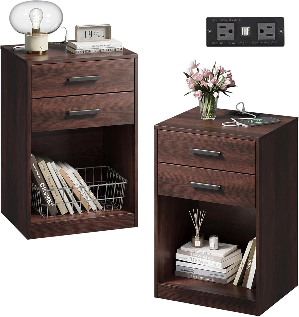 Nightstand Set of 2 with Charging Station, Wood Night Stand Sets with 2 Drawers and Open Shelf, Bed Side Tables