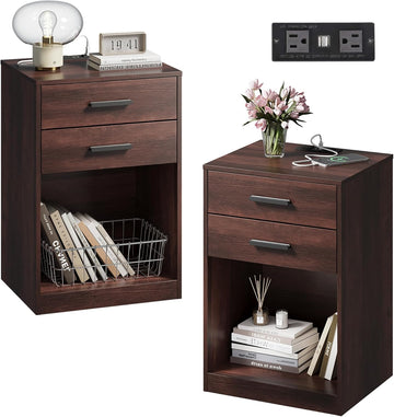 Nightstand Set of 2 with Charging Station, Wood Night Stand Sets with 2 Drawers and Open Shelf, Bed Side Tables