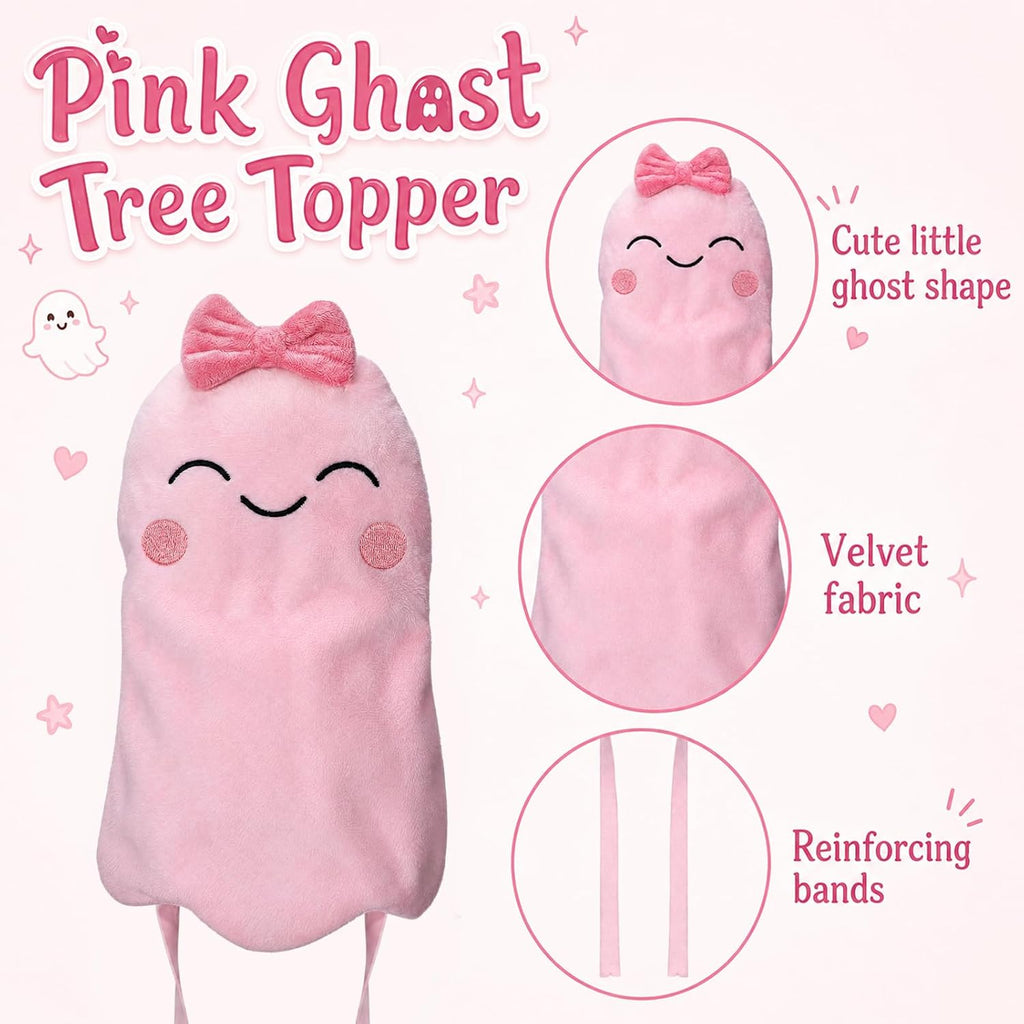 Halloween Pink Ghost Tree Topper Decor 10'' Velvet Smile Ghost