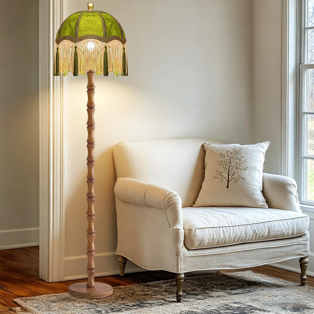 Vintage Floor Lamp, Fringe Standing Lamp with Remote Dimmable, Green Mid Century Gold Tall Lamp Boho Retro Wood Tassel