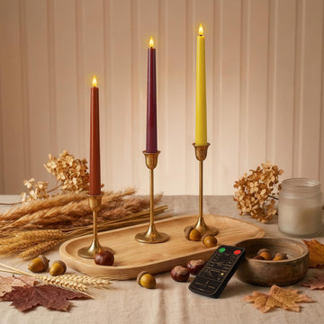 Real Wax Flameless Taper Candles, 9.6 Inch Warm Fall Colors Battery Operated LED Candlesticks 3 Pcs with Remote Timer