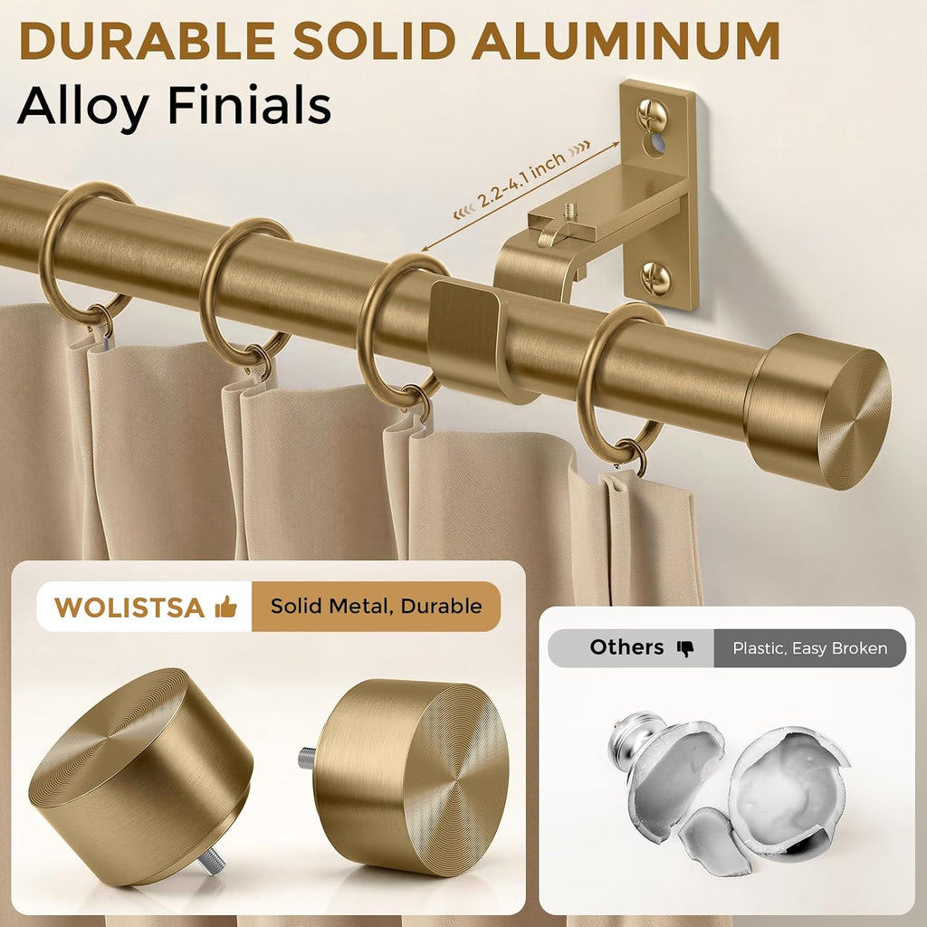 Brass Gold Curtain Rod 34 to 92 Inch, Brushed Warm Gold 1 Inch Adjustable Heavy Duty Curtain Rods for Windows